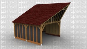 This oak framed garden room is designed to be attached on the left hand side to an existing building. It has full length opening garden room windows to the front of the building as well as the right side, and an enclosed store to the rear with a single pane window.