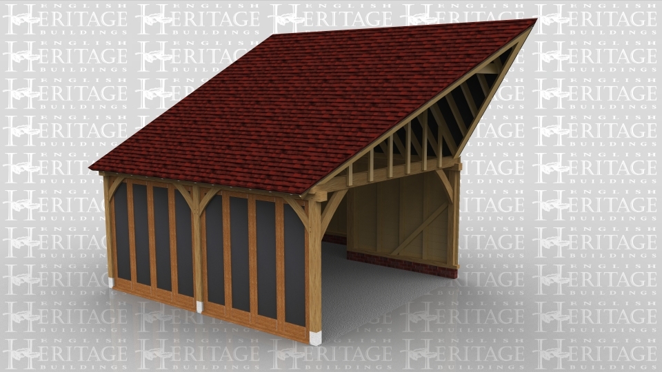 This oak framed garden room is designed to be attached on the left hand side to an existing building. It has full length opening garden room windows to the front of the building as well as the right side, and an enclosed store to the rear with a single pane window.