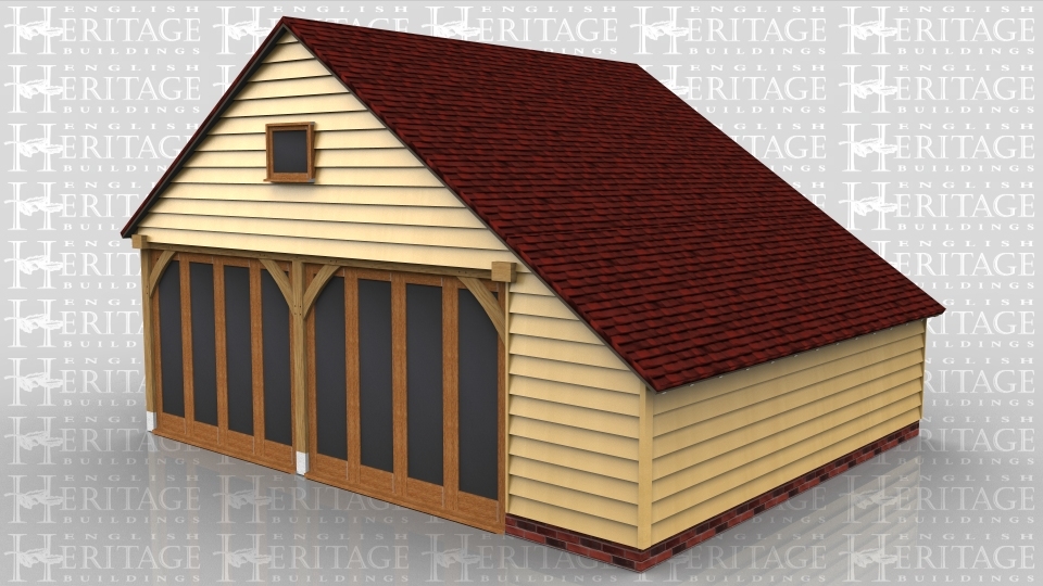 This oak framed home leisure building has two bays and an enclosed store to the rear, accessed via a single door. To the front of the building, both bays have full length opening garden room windows. The right side of the building is also fully glazed with these windows and has a single circular window to the first floor.