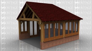 This oak framed home leisure building is designed to be attached to an existing building on the left side. There is full glazing to the front, right and the rear of the building, with a set of opening garden room windows to the rear as well.