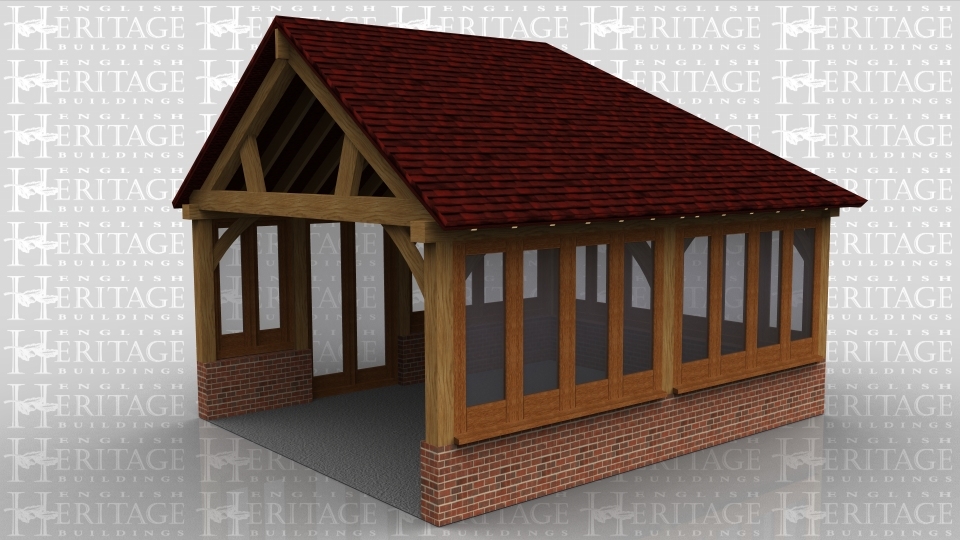 This oak framed home leisure building is designed to be attached to an existing building on the left side. There is full glazing to the front, right and the rear of the building, with a set of opening garden room windows to the rear as well.