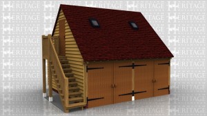 This two storey oak framed garage is formed of two enclosed bays, each accessed by a set of garage doors. The first floor is reached by an external oak staircase and a single door. There are trimmings for two rooflights.