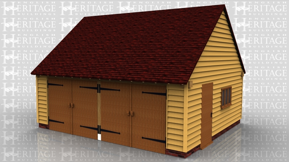 This oak framed garage is formed of two enclosed bays, accessed by two sets of garage doors to the front. There is a single door to the right side, as well as a three pane window.