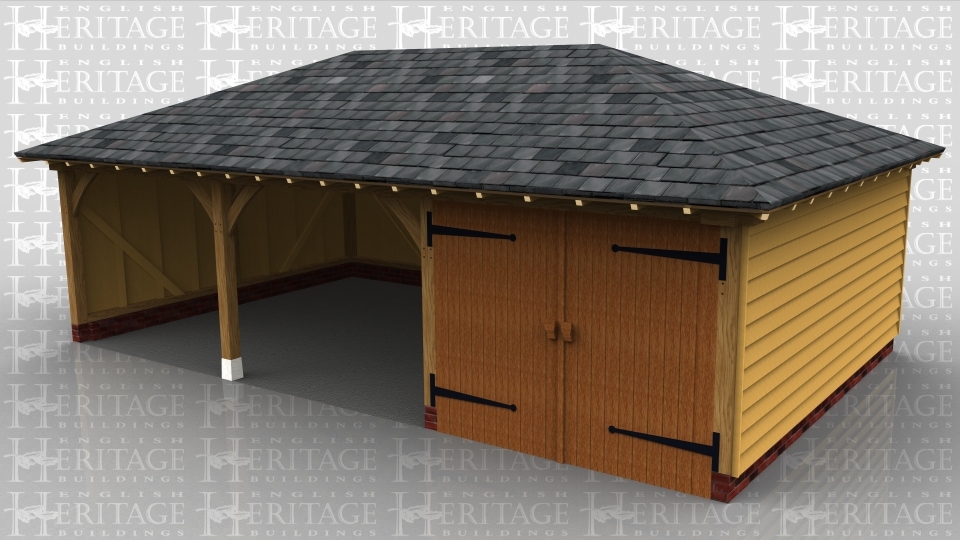 This oak framed garage is formed of three bays, one enclosed and two open. The enclosed bay is accessed by a single set of doors to the front.
