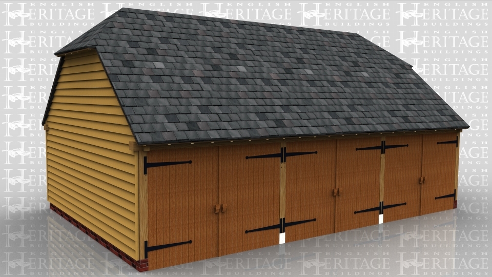 This oak framed garage is formed of three bays, all enclosed. Each bay is accessed via a set of garage doors to the front.