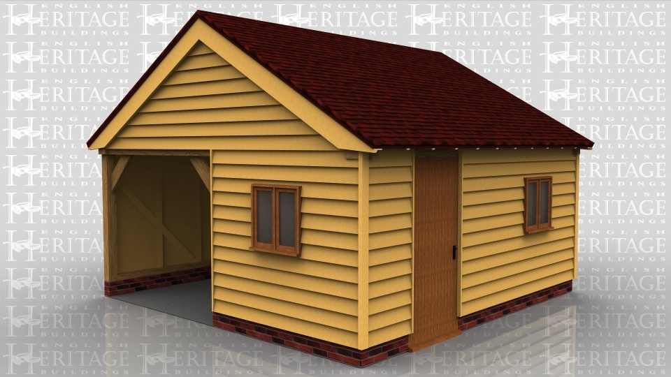 This oak framed garage is formed of two enclosed bays. There is access via a single door to the front and part of the left wall has been left open. There is a two pane window to the front of the building and also on the left wall.