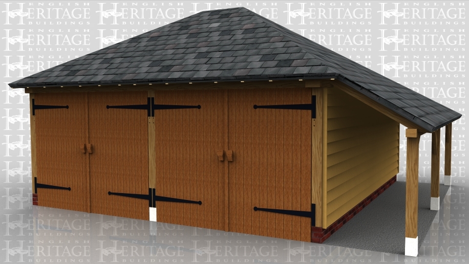 This oak framed garage has two enclosed bays accessed via standard garage doors to the front. It also has an open store to the the right.