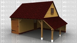 This oak framed garage with a first floor is formed of two bays; one enclosed and one open. The enclosed bay is smaller and accessed by a single door to the front, and a half glazed door to the right. There is an open logstore to the right side. The first floor is accessed via a hatch in the enclosed bay and has a two pane window to the left and right of the building.