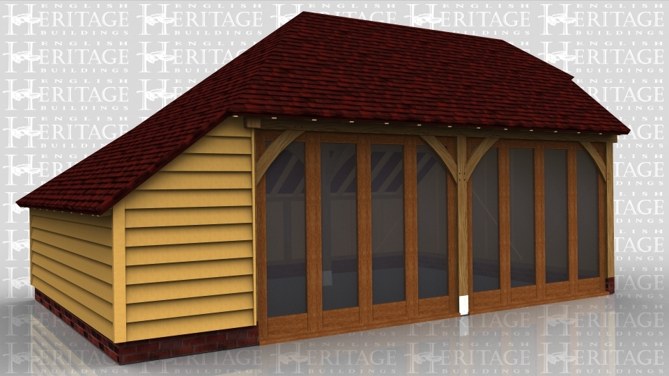 This oak framed garage is formed of two enclosed bays, with full length glazing to the front. There is an enclosed store to the left side and to the rear.