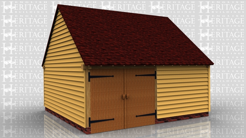 This oak framed garage has one open garage bay to the left hand side and one enclosed bay. The enclosed bay is accessed via a set of garage doors to the rear and has a two pane window to the front.