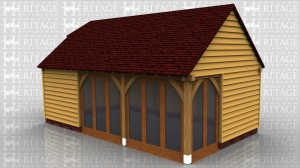 This oak framed building has three enclosed bays. Two of the bays have full length opening garden room windows to the front of the bay, and two garden room windows to the right. There is also a single circular window to the first floor right side.