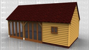 This oak framed home leisure building is formed of three enclosed bays with full length garden windows to the front and left side. The right hand bay has no windows but has trimming for a chimney.