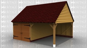 This oak framed garage has two bays, one is enclosed and accessed via a garage door to the front, and the other is open. There is a single circular window to the first floor on the right hand side.