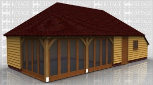 This oak framed home leisure building has two bays with full length opening garden room windows to the front and left side, and two enclosed bays to function as a store or workshop. The store is accessed via a single door to the front of the building and has a two pane window to the front, as well as an enclosed logstore to the right side.