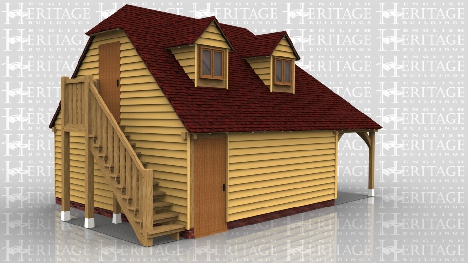 A 3 bay garage with one open carport bay and 2 bays secured by garage doors. The upper floor is accessed via an external staircase and has 2 dormer windows.