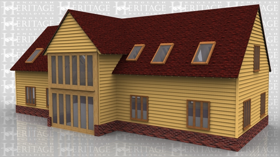 A 7 bay oak framed sling brace house made up of 3 frames. The first frame is 5 bays long  with 4 sets of large pane windows at the front  as well as 2 more on the right and 1 at the rear, also at the rear are 2 single pane windows while on the left are 2 2 pane windows and a set of full height glazed windows to allow masses of natural light in to the building. On the First floor of this building there are 5 velux windows to the front and 4 more at the rear, on the right gable there is another 3 pane window while at the left is a 2 pane section of full height glazing. The seoncd frame is a single bay in size attached to the front of the other frame, it houses a 6 pane section of full height glazing on both the ground and first floor. The final frame is also a single bay and is a balcony area at the left side of the building