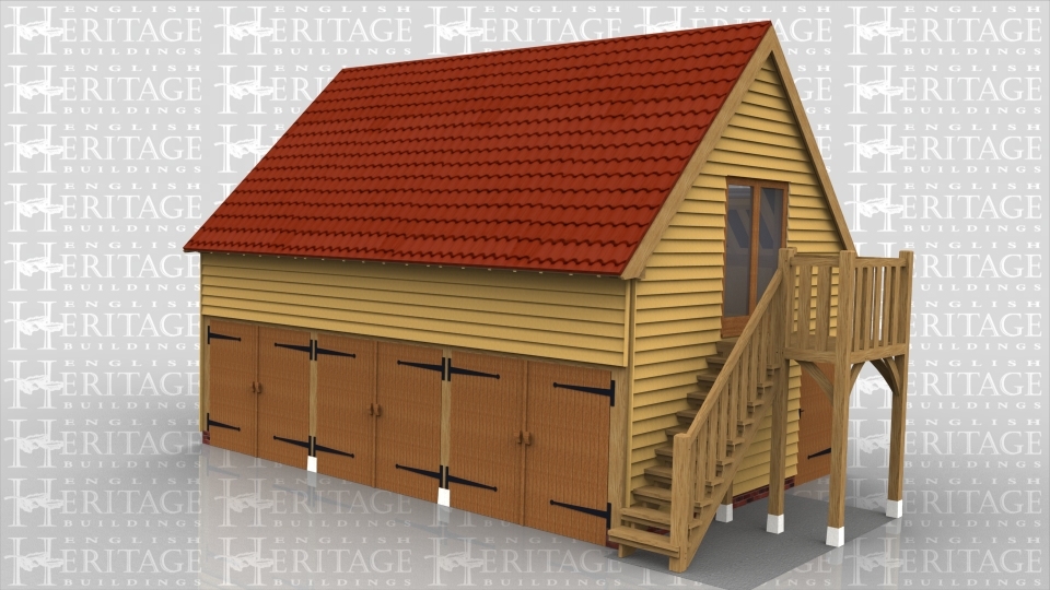 A sling brace design garage with 3 secure garage bays on the lower floor and a spacious living / leisure space on the upper floor. The upper floor is accessed via an external staircase and has plenty of natural light from the fully glazed double access doors, 3 roof lights and a small glazed gable section.