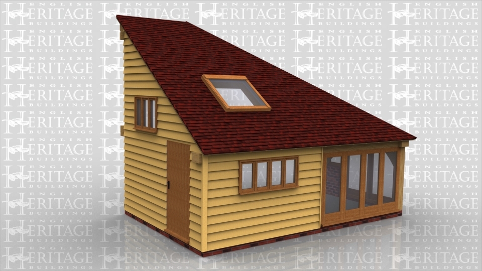 A oak framed monopitch home extension which contains roof lights and full height glazing and a combination of both weatherboard and brick walls.