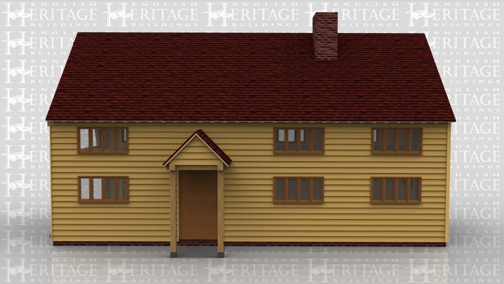 A large oak framed house extension with sling braces and a top floor. There's single windows as well as some full height glazing on the top floor to allow as much natural light into the house. A small porch is attachted to the front door and a chimney to create a nice family home.