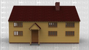 A large oak framed house extension with sling braces and a top floor. There's single windows as well as some full height glazing on the top floor to allow as much natural light into the house. A small porch is attachted to the front door and a chimney to create a nice family home.