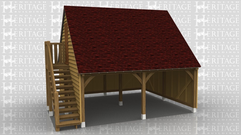 A 2 bay oak framed garage with an upper floor, The front  of the building is left open while on the left side is a staircase allow access to the first floor. There is a solid single door in the left gable end and aon the right hand side there is a 3 light window.