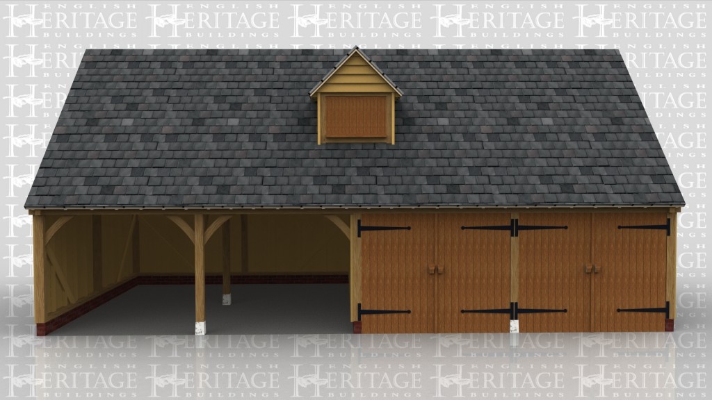 An oak framed garage with 4 parking bays, two of which are open and two enclosed by barn doors. The roof has a dormer for detail and there is 4 rooflights at the rear of the building to bring in more natural light.
