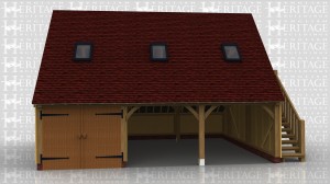 An oak framed garage with two open bays and one enclosed bay. An external staircase leads upstairs to a studio space which has roof lighting to allow plenty of natural light.