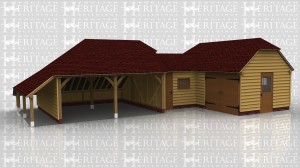 An oak framed garage and connected to a studio space with a storage link building between.
