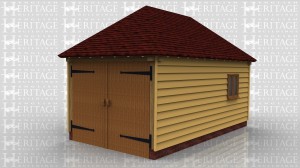 A simple oak framed enclosed garage to fit a single car. It also has a two paned window to the right hand side.