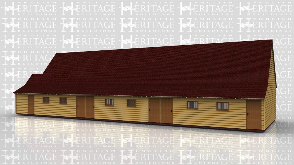 An oak framed pavillion with full height glazing down one side and alternating doors and single windows on the other side. There is also a small storage area at one end.