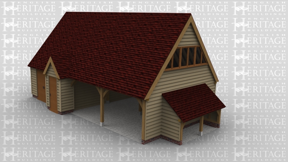 An oak framed garage with two open bays and another bay which could be used as studio space. An outshot stoage to the right hand side. Upper floor space with large windows accessed by internal stiars.