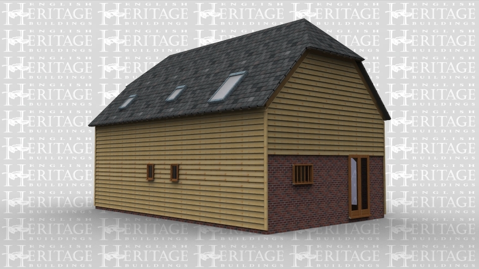 An oak framed house with full height glazing. Doors are situated on the front of the building and either end, with a porch attacthed to the front door. On the first floor roof lighting is used.