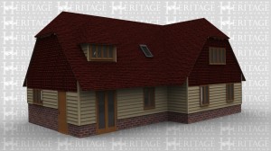 An oak framed house in a T shape. Both buildings have doors and plenty of single windows, with the upstairs having roof lighting and windows in dormers to produce maximum light. Bottom floor also contains full height glazing on some parts of the building.