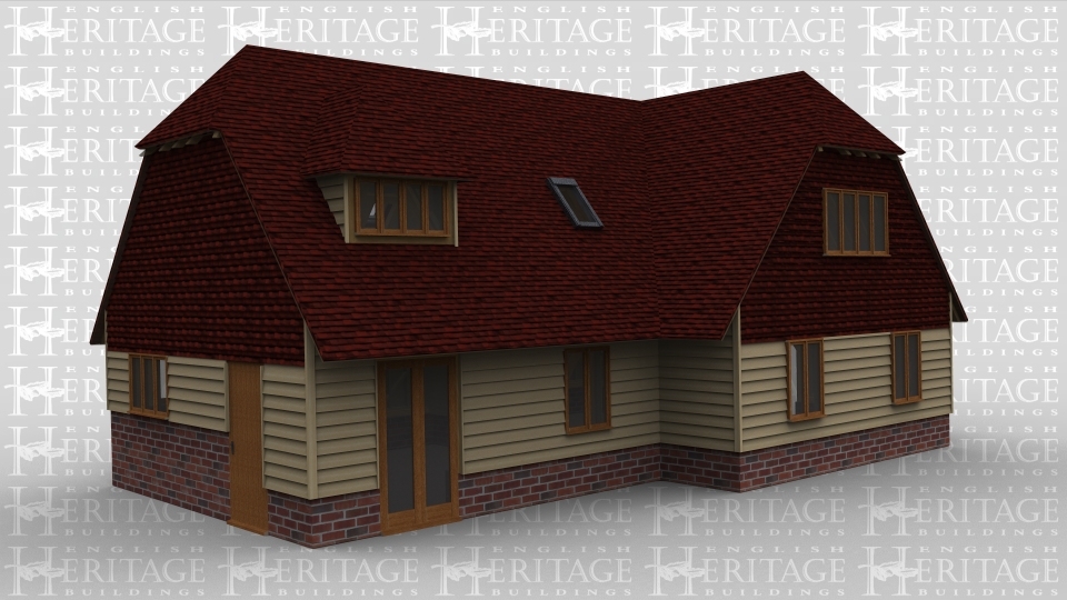 An oak framed house in a T shape. Both buildings have doors and plenty of single windows, with the upstairs having roof lighting and windows in dormers to produce maximum light. Bottom floor also contains full height glazing on some parts of the building.