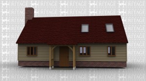 An oak framed single storey house with upper roof space. Ground floor has single windows and a front door with a porch. Upeer space has roof lighting to allow natural light. House is completed with a brick chimmney on one side.