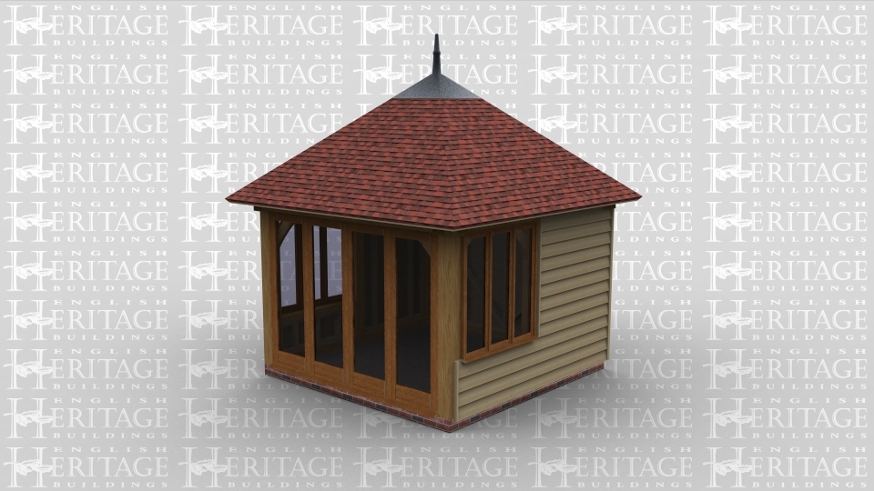 An oak framed garden room / summer house with a decorational finnial on the top of the roof. Full height glazing is used on one side of the building, with single windows used on the other two sides.
