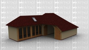 An oak framed studio connected to a covered parking space/bay. Studio has full height glazing and roof lighting to allow natural lighting.