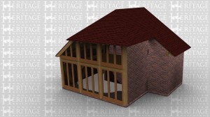 A two storey oak framed house extension with full height glazing along the front on both floors.