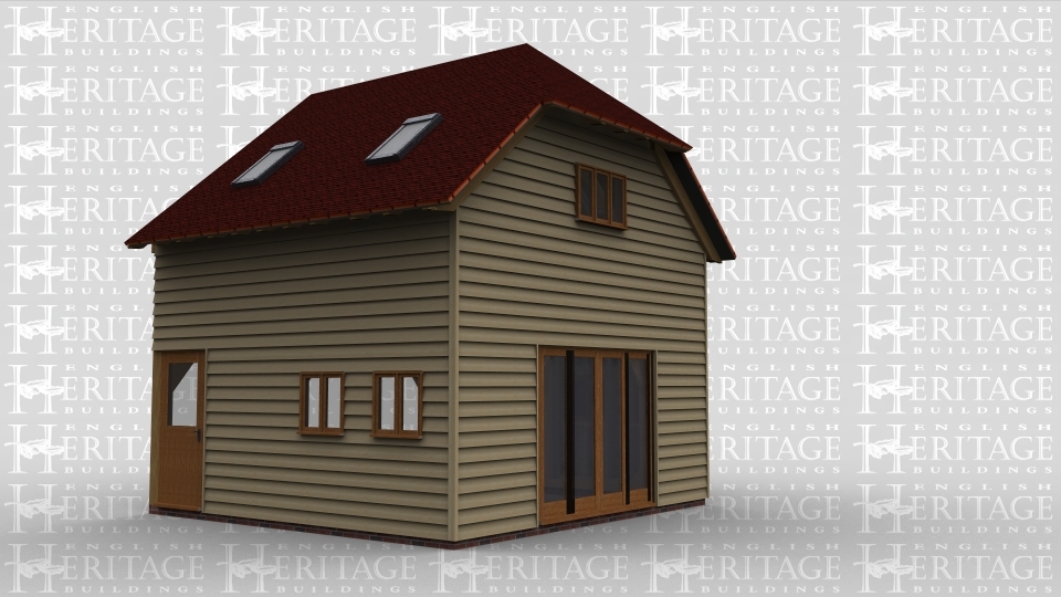 An oak framed sling brace extension. The upper floor has four roof lights and a 3 pane window and the lower floor has one full height fully glazed unit, four 2 pane windows and a half-glazed door.