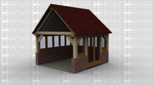 An oak framed porch extention with brick support, with glazing on all sides of the building and full height glazing doors.