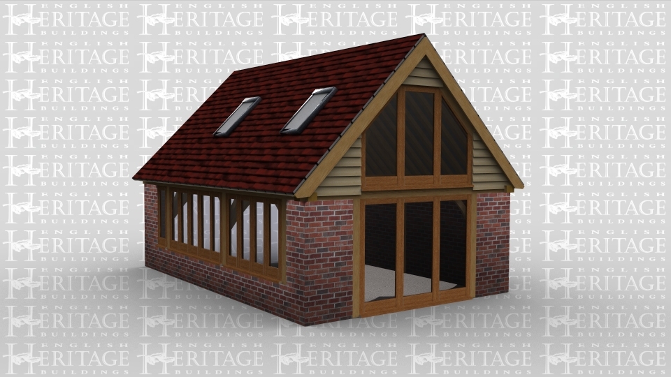 An oak framed and brick extention with one end having full height glazing. One side has running windows and roof light is available to take advantage of natural light.
