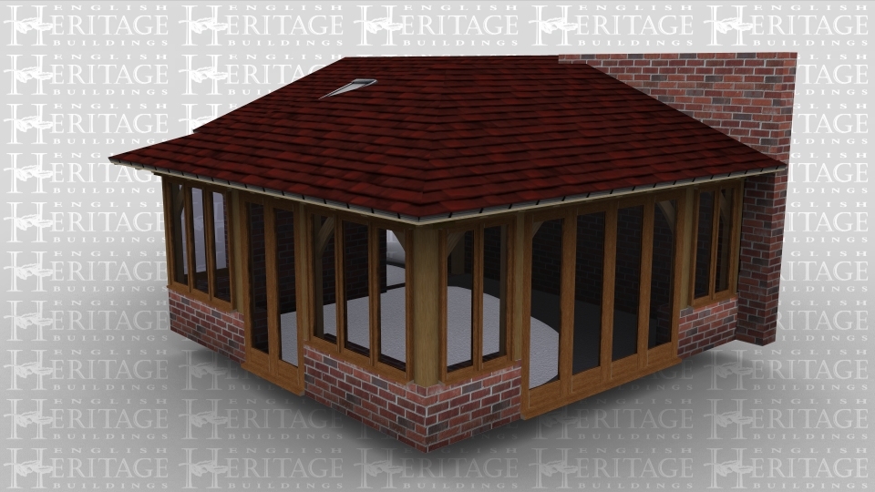 An oak framed extention to a brick wall. Both full height and single glazing is used on all sides of the building. Roof lighting is used on a monopitched roof.