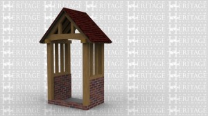 A simple oak framed porch with brick layering  and a small step.