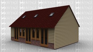 An oak framed pavillion with both full height glazing and single windows. Roof lighting is also used to gain as much natural light as possible.