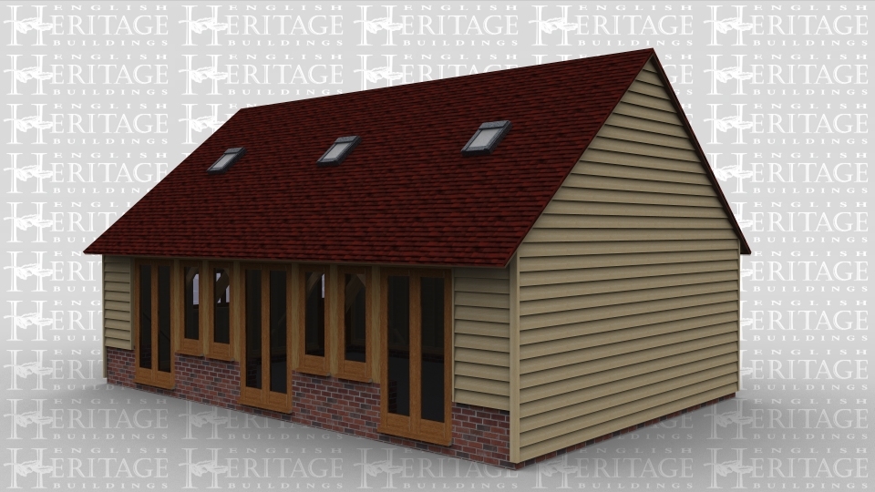 An oak framed pavillion with both full height glazing and single windows. Roof lighting is also used to gain as much natural light as possible.