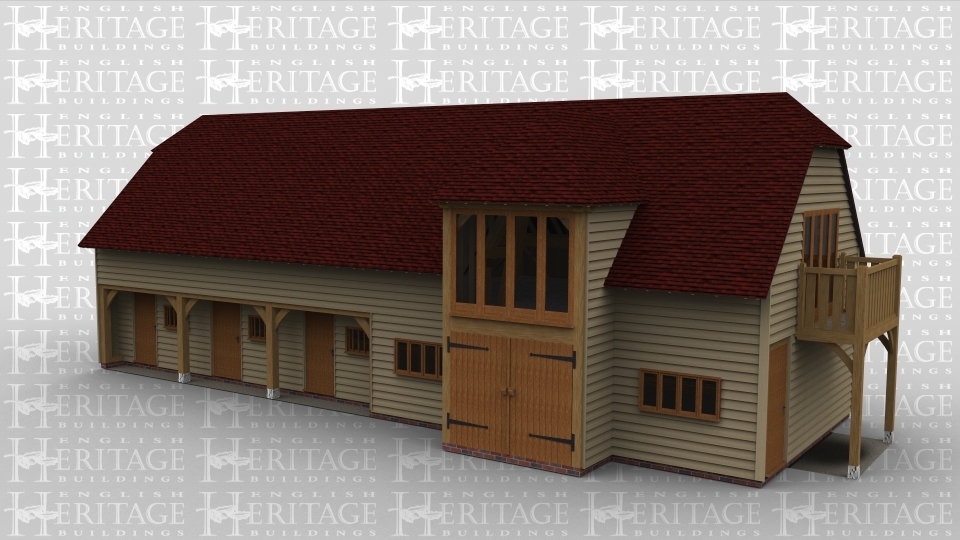 An oak framed two storey building. On the bottom floor both single and barn doors are used in this equestrian style building. On the first floor there is a balcony as well as roof lighting. Full height glazing is also used as well as sling brace in the framework.