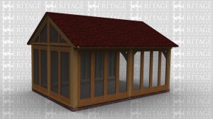 A oak framed garden room / conservatory extension with full height glazing doors on two sides. Two roof lights in the roof and feature trusses.