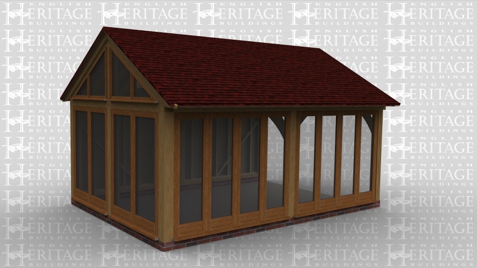A oak framed garden room / conservatory extension with full height glazing doors on two sides. Two roof lights in the roof and feature trusses.
