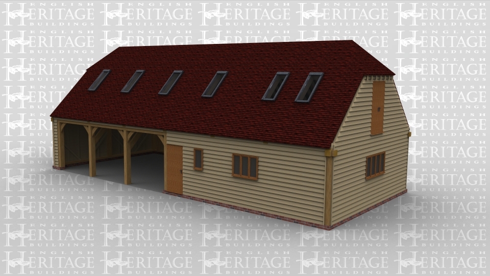 An oak framed garage / barn. Three open bays and a studio next door and also upper floor with plenty of space. Roof lighting is used to create natural light in top floor.