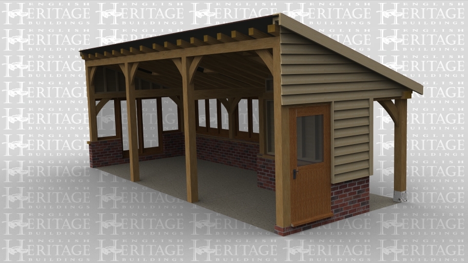 An oak framed extention. The monopitch roof also has roof lighting, with single glazing surrounding the building this allows maximum sunlight into it.
